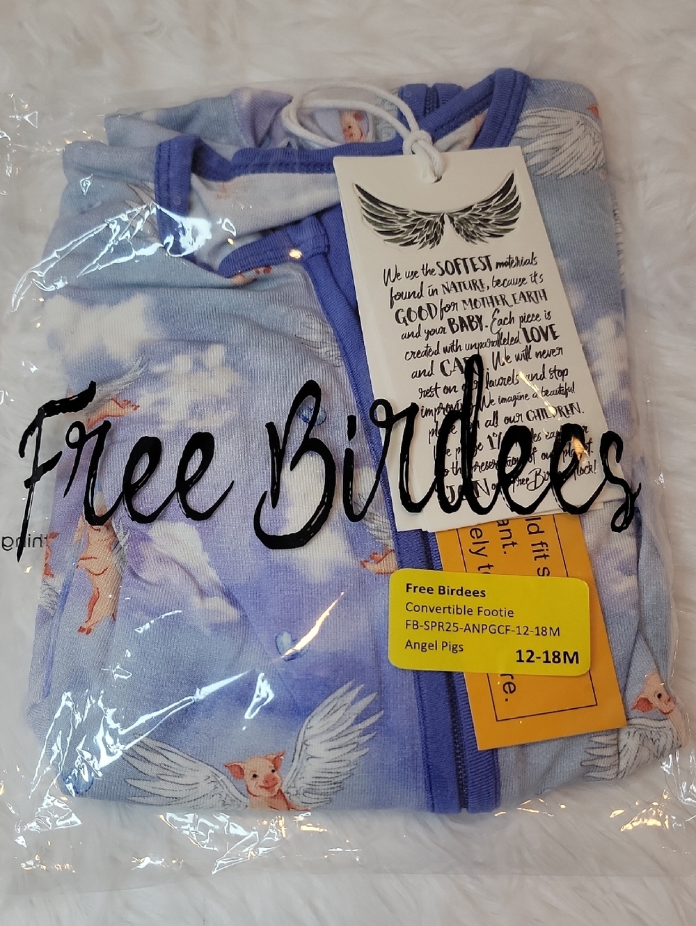 NWT Free Birdees Convertible Footie - Angel Pigs Print in Blue/Lavender. 12-18M